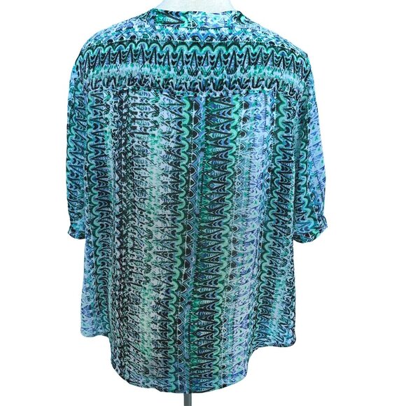 Two by Vince Camuto Size 2X Shirt Top Abstract Print Green Blue Semi Sheer - Picture 2 of 9